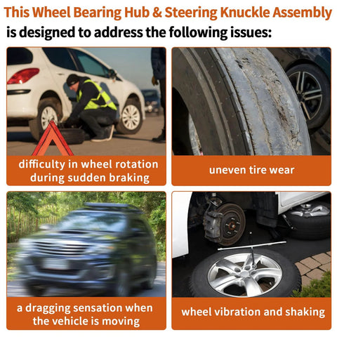 Signs indicating wheel bearing hub and steering knuckle issues: difficulty braking, tire wear, car dragging, wheel shaking.