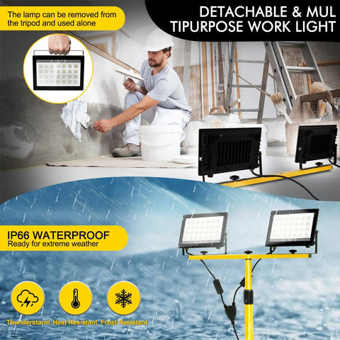 Two-Head LED Work Light With Adjustable Foldable Tripod Stand, 21000 Lumen Portable Flood Light for outdoor job sites and garages