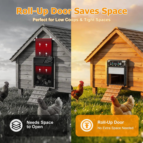 Comparison of traditional coop door versus Hands-Free Solar Powered Automatic Chicken Coop Door With Large 9.45 X 10 Inch Opening Roll-Up Opener Light Sensor Timer And Remote No-Fuss Anti-Pinch Aluminum Weatherproof Outdoor Poultry Door.