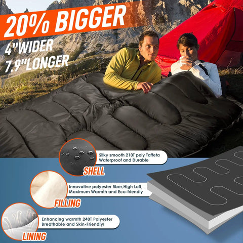 Two Person Sleeping Bag With Pillows, XL Queen Size All Season Double Sleeping Bag For Camping, Hiking with wraparound zippers