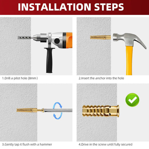 Installation steps for Heavy Duty Expansion Anchors And Screws For Door Hinge Repair With Tough As Nails Grip Plug Set.