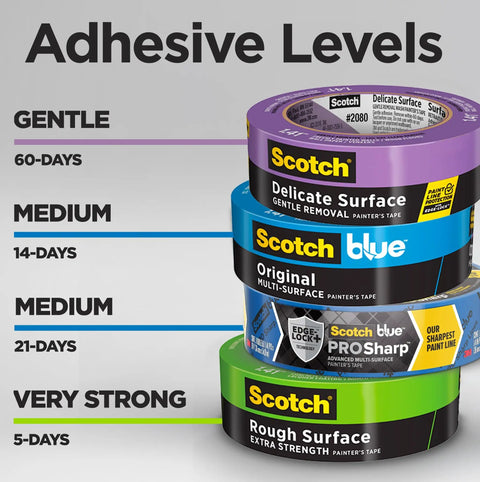 Image showing adhesive levels of Scotch tapes, including Purple Delicate Surface Painter's Tape 1.41 Inch By 60 Yards Four Pack.