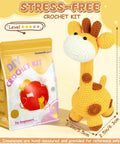 Beginner Crochet Kit For Adorable Giraffe Toy Made Easy And Fun With Yarn Hook And Video Tutorial Step By Step Instructions Complete DIY Craft Pack For Adults Arts And Crafts Lovers Room Decor Gift packaging and giraffe toy.