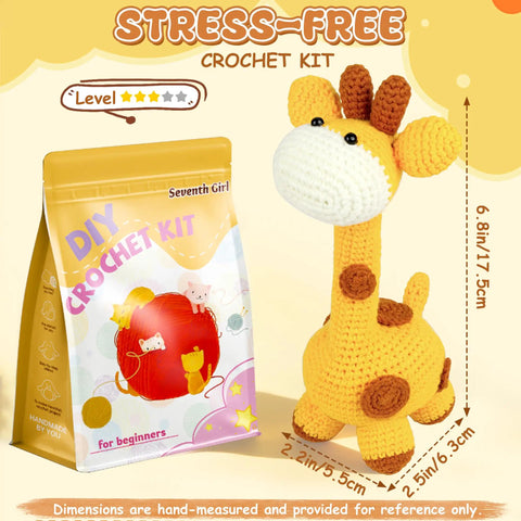 Beginner Crochet Kit For Adorable Giraffe Toy Made Easy And Fun With Yarn Hook And Video Tutorial Step By Step Instructions Complete DIY Craft Pack For Adults Arts And Crafts Lovers Room Decor Gift packaging and giraffe toy.