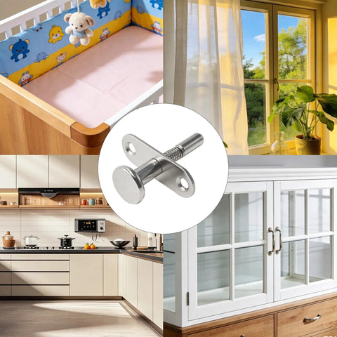 Dead Simple Spring Loaded Plunger Latches 2 Pack Rock Solid Stainless Steel Quick Release Cabinet Door Heavy Duty Hardware Rust Proof Furniture And Bed Locking Clamps on a kitchen countertop.