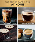Four types of drinks made by Luxe Café Premier 3 In 1 Espresso Machine with Built In Grinder, showing cold brew, drip, cold-pressed, espresso.