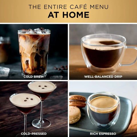 Four types of drinks made by Luxe Café Premier 3 In 1 Espresso Machine with Built In Grinder, showing cold brew, drip, cold-pressed, espresso.