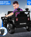 Child opening door of Awesome 12V Kids Electric Ride On Truck With Remote Control Dual 35W Motors, emphasizing safety lock feature.