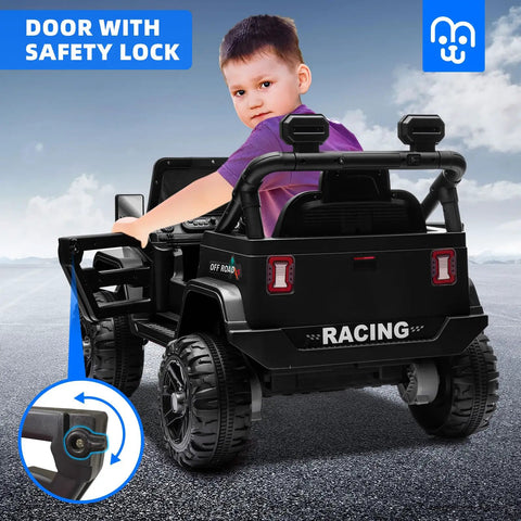 Child opening door of Awesome 12V Kids Electric Ride On Truck With Remote Control Dual 35W Motors, emphasizing safety lock feature.