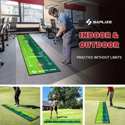 Person using Golf Putting Mat With Alignment Mirror, Two Speed Practice Mat For Indoor And Outdoor Use, 20 Inch By 10 Foot, Anti Slip Backing, Level Up Your Putting Game At Home Or On The Green indoors and outdoors