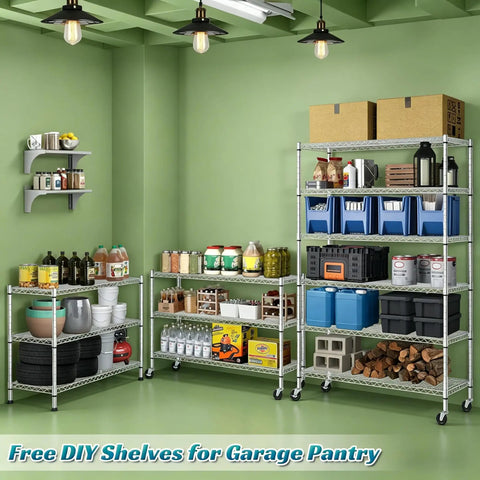 Beefy 6-Tier Wire Shelving Unit With Wheels, 6000 lb Capacity Steel Rack for Garage and Shop, Adjustable NSF Shelves, Black Finish, 48L X 18W X 72H, Quick Snap Assembly No Tools Required in garage pantry setup