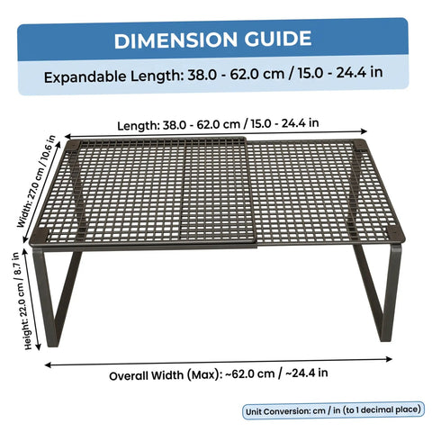 Heavy Duty Expandable Closet Shelf And Stackable Cabinet Organizer Set Black Adjustable Vertical Divider Rack dimension guide with measurements.