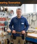 Heavy Duty Camo Tool Belt Set With Adjustable Pouches For Electricians And Carpenters worn by worker in workshop with tools.