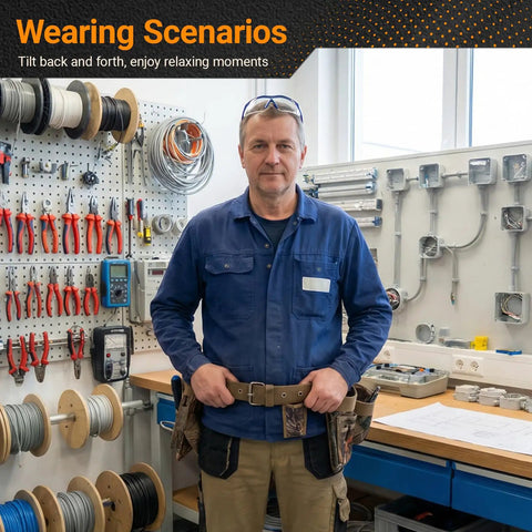 Heavy Duty Camo Tool Belt Set With Adjustable Pouches For Electricians And Carpenters worn by worker in workshop with tools.