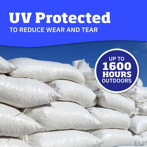 Beefy Heavy Duty Sand Bags With Tie Strings For Flood Control, 50 Lb Capacity, UV treated, stacked showing durability