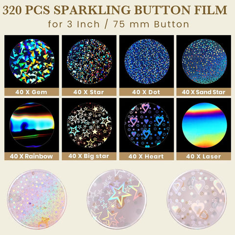 320 Pcs Badge Protective Film 85mm 3.35 Inch With 8 Styles Holographic Glitter for 58mm Button Maker Machines displayed.