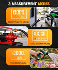 Waterproof Three Quarters Inch Inline Fuel Flow Meter With NPT Thread Digital Gauge in batch, total, and flow rate modes.