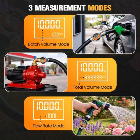 Waterproof Three Quarters Inch Inline Fuel Flow Meter With NPT Thread Digital Gauge in batch, total, and flow rate modes.