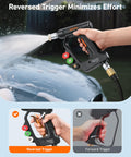 Short Pressure Washer Gun With Swivel, 4060 PSI Max, Four Nozzles, Three Eighths Inch Swivel Quick Connect, Black, in use washing car