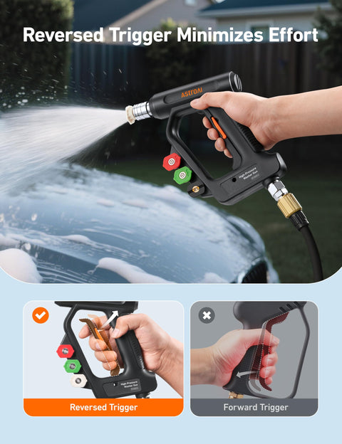 Short Pressure Washer Gun With Swivel, 4060 PSI Max, Four Nozzles, Three Eighths Inch Swivel Quick Connect, Black, in use washing car