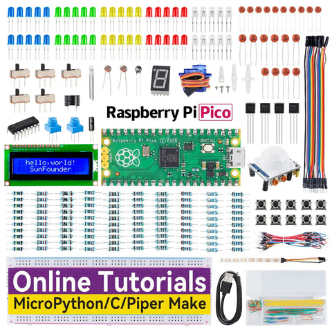 Raspberry Pi Pico Starter Kit With 40 Projects And Online Tutorials For MicroPython C And MakeCode No Fuss Setup One Stop Learning Electronics And Programming For Beginners And Pros showing components and cables.
