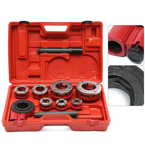 Pipe Threader Kit With Seven Dies Three Eighths To Two Inches, Durable Cast Iron Head, Includes Carrying Case, shown in red case
