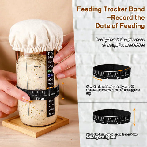 Ultimate Sourdough Starter Kit For Home Bakers And Bread Nerds with date marked feeding band on 24 oz glass jar.