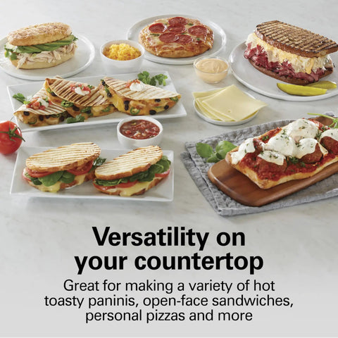 Hamilton Beach Panini Press And Sandwich Maker With Electric Indoor Grill Nonstick Plates For Perfect Grilled Cheese Quesadillas And Gourmet Pizzas Quick Easy Cooking For Busy Weeknights And Party Snacks, displaying various grilled meals.