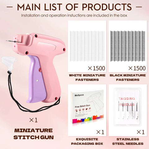 Clothes Stitch Gun Quick Fixer Kit with purple stitch gun, 1500 black and 1500 white fasteners, 6 needles in box display