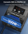 WiFi Low Voltage Landscape Transformer With Dual Channels 300W Smart Life App Controlled Lighting showing 120V to 12V/15V AC conversion