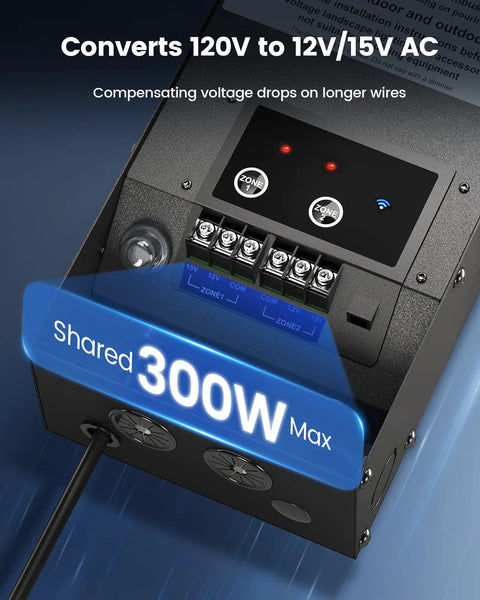 WiFi Low Voltage Landscape Transformer With Dual Channels 300W Smart Life App Controlled Lighting showing 120V to 12V/15V AC conversion