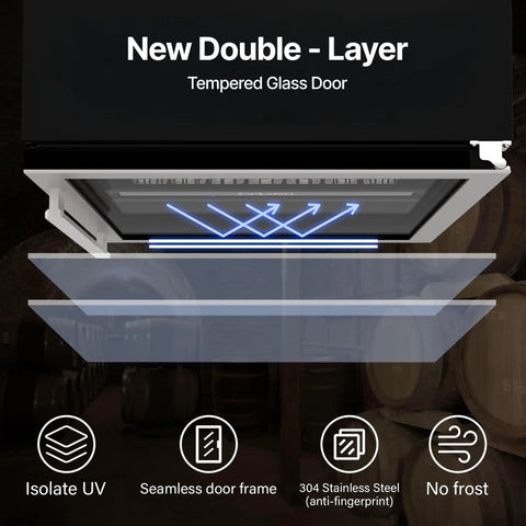 24 Inch Beverage Refrigerator With Glass Door For Home Kitchen Holds 140 To 180 Cans Temperature Range 34 To 54 F Built In Or Freestanding Cooler Three Adjustable Shelves Quiet Led Lighting Easy Access Drink Fridge showing double-layer tempered glass door with UV isolation