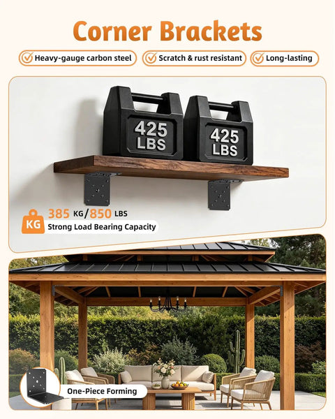 Heavy Duty 4x4x3.5 Black L Brackets For Pergolas 16 Pack 4mm Thick Carbon Steel 850 lb capacity shown with weight on shelf