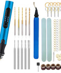 Front view of blue electric resin drill kit with drill bits, deburring tool, polishing belts and keychain hardware