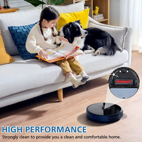 Child reading on couch with dog, robot vacuum near, highlighting S7 Series Robot Vacuum Replacement Parts Kit With Roller Brush.