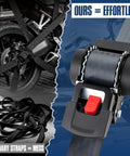 Retractable Ratchet Tie-Down Straps 2 Inch By 10 Feet, 3000 Lbs Break Strength, shown securing motorcycle and auto-rewind feature.