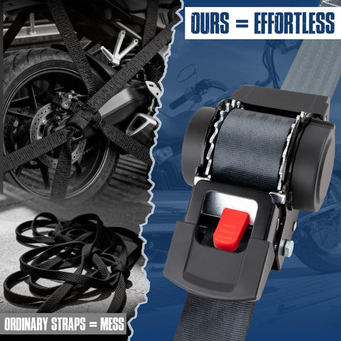 Retractable Ratchet Tie-Down Straps 2 Inch By 10 Feet, 3000 Lbs Break Strength, shown securing motorcycle and auto-rewind feature.
