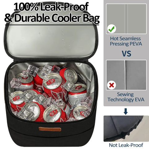 Soft Backpack Cooler For 30 Cans, Insulated Leakproof Travel Lunch Tote showing open interior with cans inside.