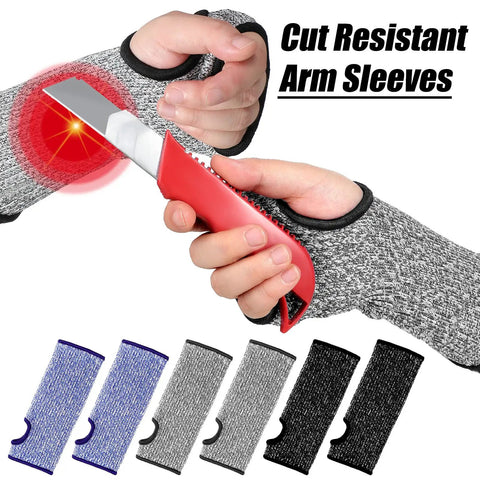 Set Of Three Cut Resistant Arm Sleeves Lightweight Thumb Hole Guards For Yard Work, person holding knife wearing sleeve.