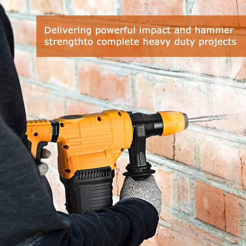 Worker using Heavy Duty 1-1/4 Inch SDS-Plus Rotary Hammer Drill With 12.5 Amp Motor on brick wall, showing powerful impact
