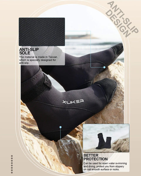 3mm Neoprene Water Socks For Beach And Outdoor Water Sports Sandproof Dive And Volleyball Socks All Day Comfy Quick Dry Non Slip Grippy Soles For Snorkeling Kayaking Surfing And Wet Shoes Alternative showing anti-slip design and protection on rocks.