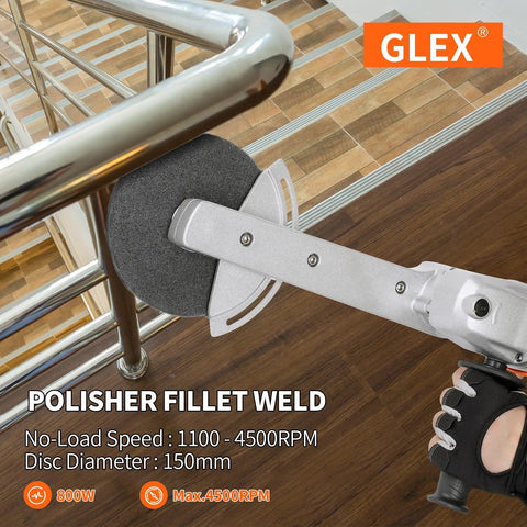 Extended Angle Grinder Stand with stainless steel frame in use on railing, 800W, 6 speeds, long reach arm, for metal edges and corners.