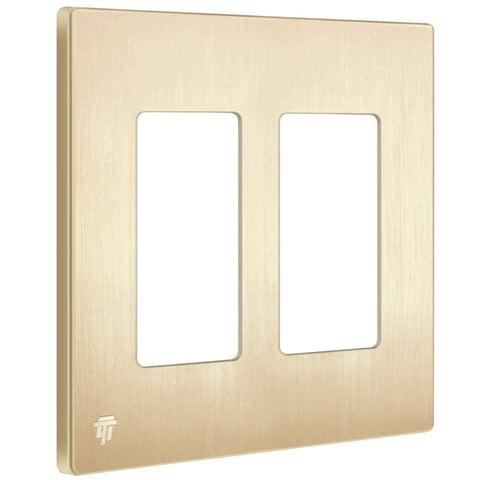 Screwless Decorator Wall Plate 2-Gang Brushed Gold Outlet Cover, Child Safe and Built to Last Unbreakable Polycarbonate, Seamless Design