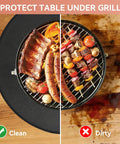 42 Inch Double Sided Fire Pit Mat For Outdoor BBQ And Camping Stoves, Fireproof Round Grill Mat Protector under grill showing clean vs dirty surface comparison.
