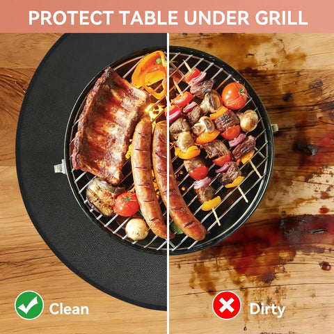 42 Inch Double Sided Fire Pit Mat For Outdoor BBQ And Camping Stoves, Fireproof Round Grill Mat Protector under grill showing clean vs dirty surface comparison.