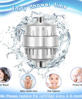 Two Pack Shower Filter System With Four Replacement Cartridges, 20 Stage Filtration displayed with water splash effect