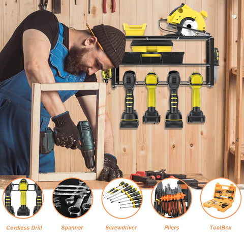 Worker using tools next to Power Tool Organizer Wall Mount For Garage Heavy Duty Metal Tool Shelf Drill Holder Cordless Drill Storage