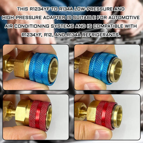R1234YF To R134A AC Conversion Kit With Quick Coupler Adapters For High And Low Side, blue and red fittings displayed