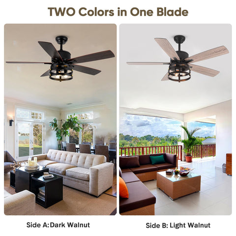 Dope Rustic Farmhouse Ceiling Fan With Lights Retractable 36 Inch Black Industrial Cage in dark and light walnut blades, living room view