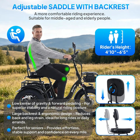 750W Electric Tricycle For Adults And Seniors With Fat Tires, 3 Wheel E Trike, 48V 13Ah UL 2849 Battery, 55 Mile Range, Semi Recumbent Design, Hydraulic Brakes, Easy Hill Climb And Smooth Everyday Ride. Man riding trike with adjustable backrest seat